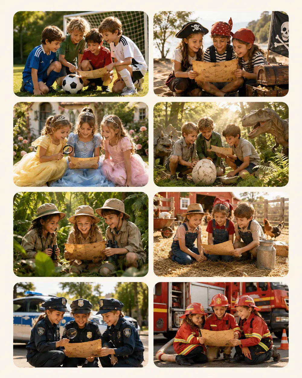Gezin doet samen een speurtocht in de tuin tijdens een kinderfeestje